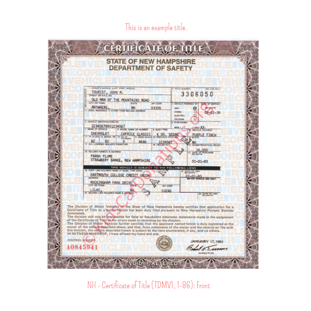 This is an Example of New Hampshire Certificate of Title (TDMV1, 1-86) Front View | Kids Car Donations